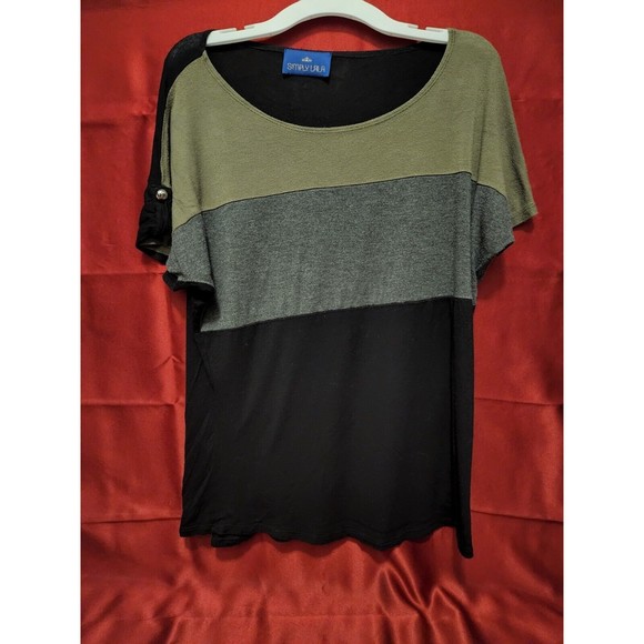 LALA Khaki Women's Size Large Blouse Black Gray Green Color Block Gold Button - Picture 1 of 6